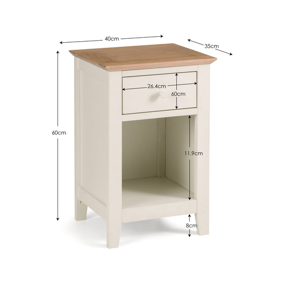 Wooden side table with dimensions labeled on a white background