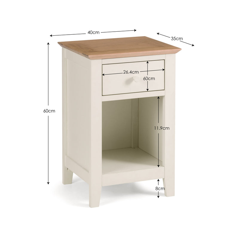 Wooden side table with dimensions labeled on a white background