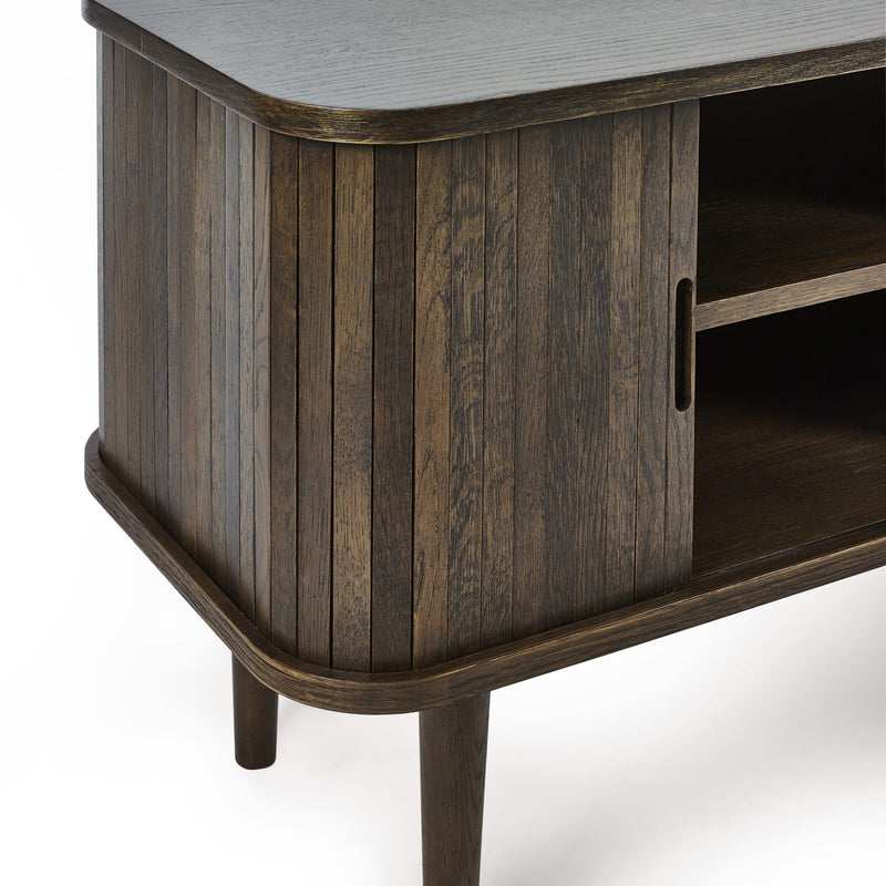 Wooden entertainment console with a dark brown finish on a white background