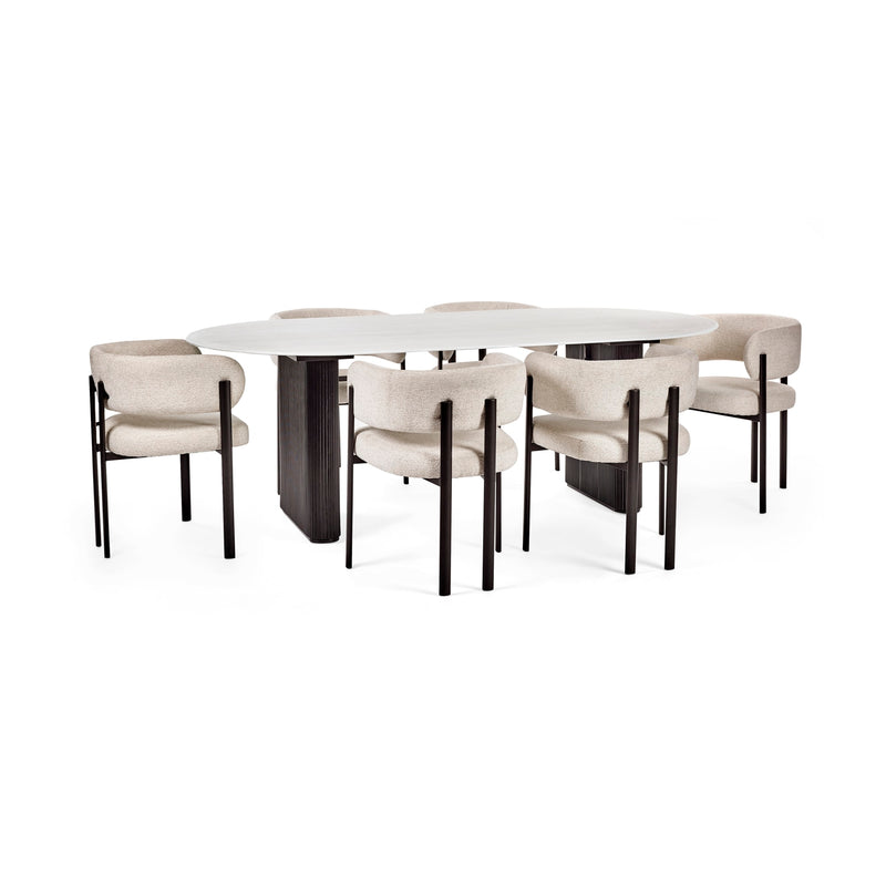 Dining table set with six chairs on a white background