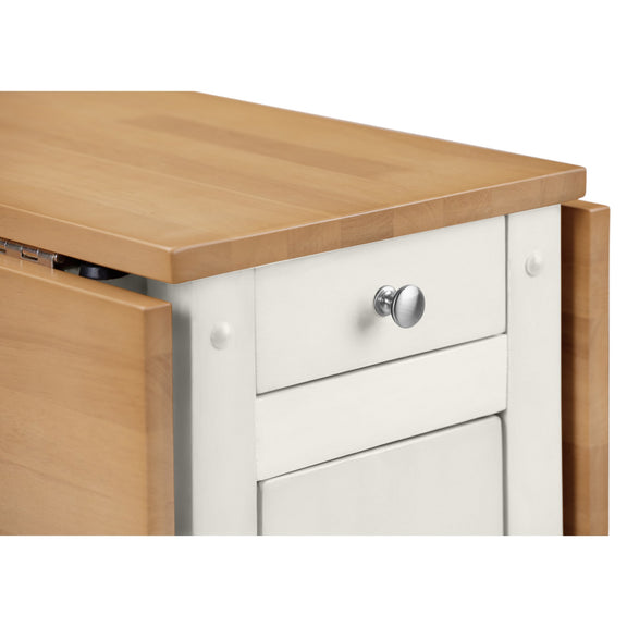 Wooden desk with a white drawer and silver handle on a white background