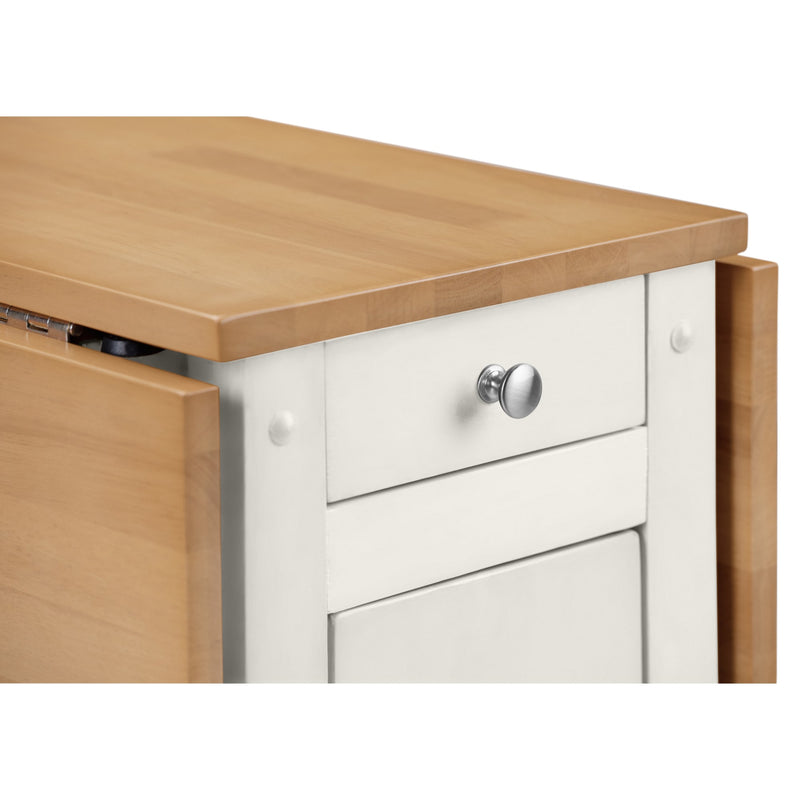 Wooden desk with a white drawer and silver handle on a white background
