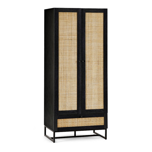 Black cabinet with rattan doors on a white background
