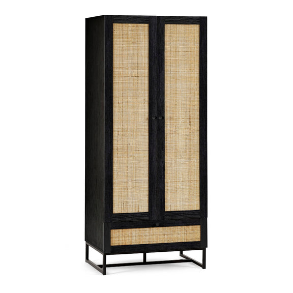Black cabinet with rattan doors on a white background