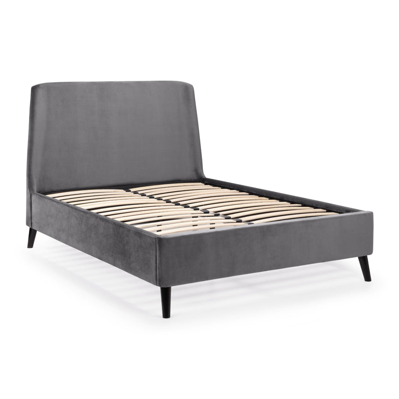 Wooden bed frame with slatted design on a white background