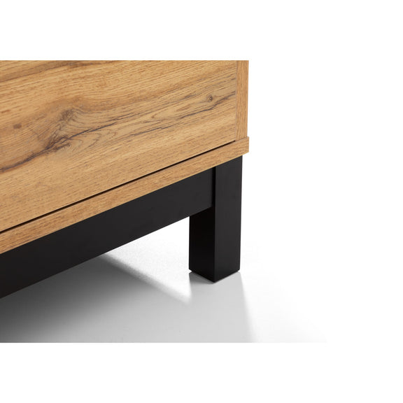 Wooden drawer with black metal leg on a white background
