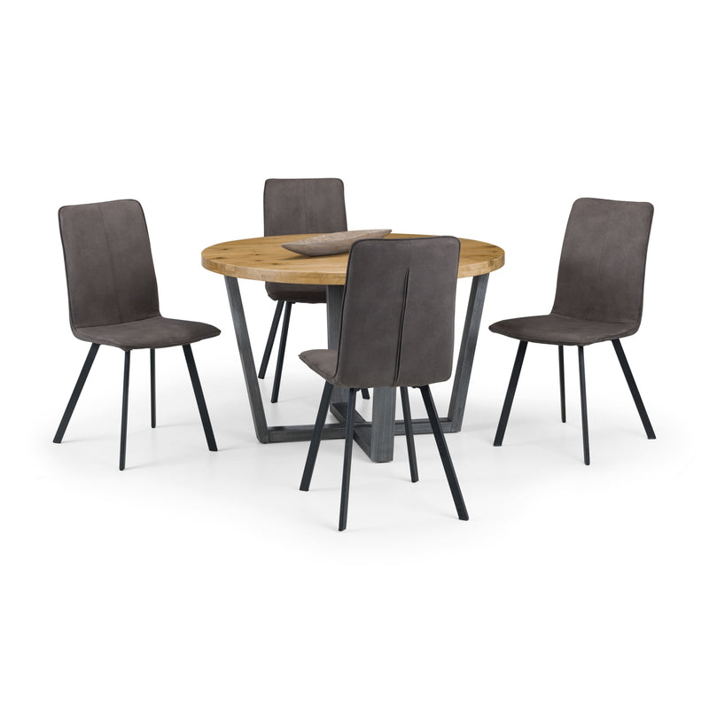 Dining table set with four brown chairs on a white background