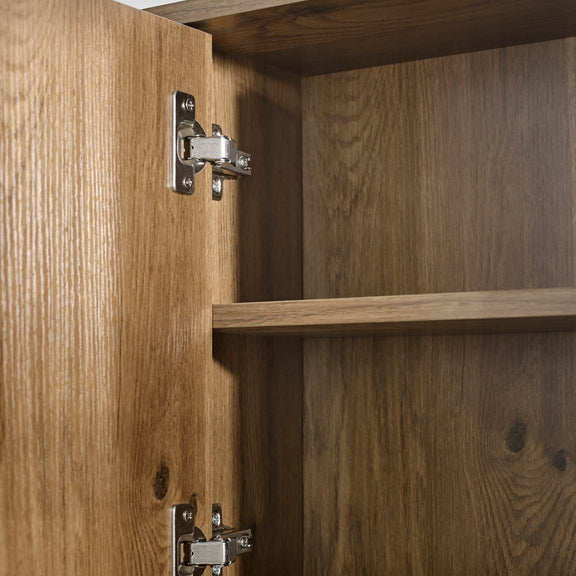 Close-up of wooden cabinet doors with hinges