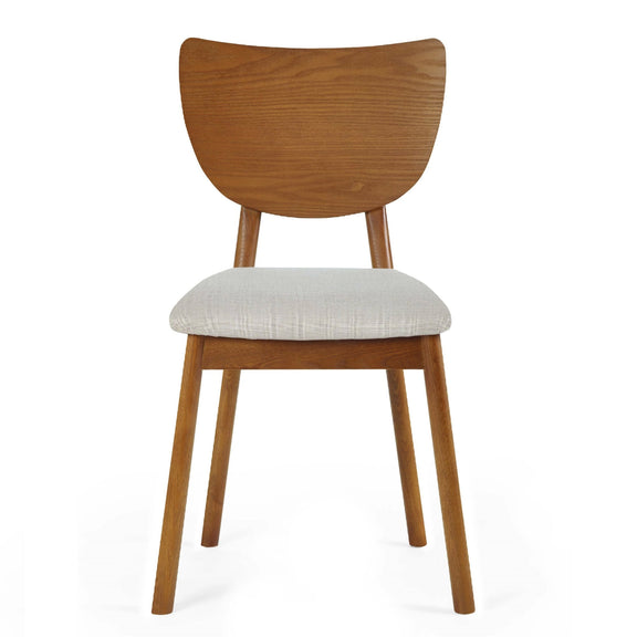 Wooden chair with a light gray cushion on a white background