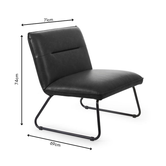 Black leather chair with dimensions on a white background