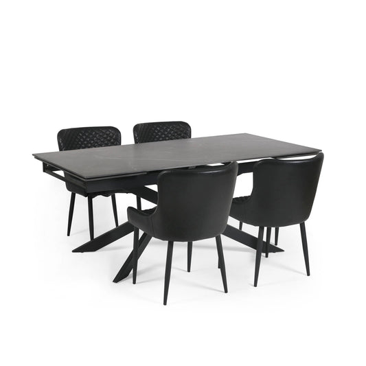 Black dining table with four matching chairs on a white background
