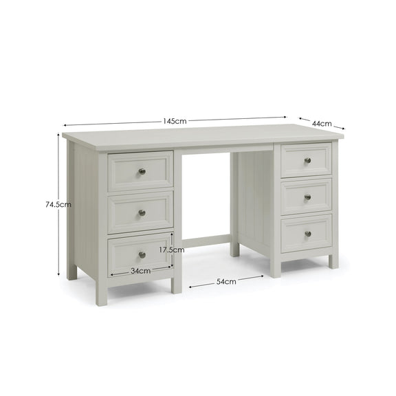 White desk with dimensions labeled on a white background