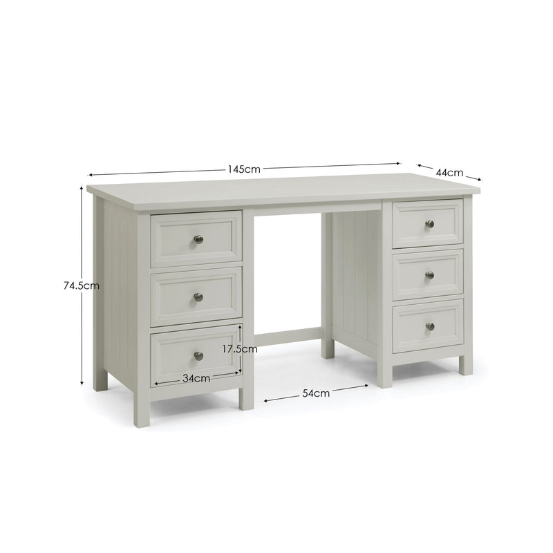 White desk with dimensions labeled on a white background