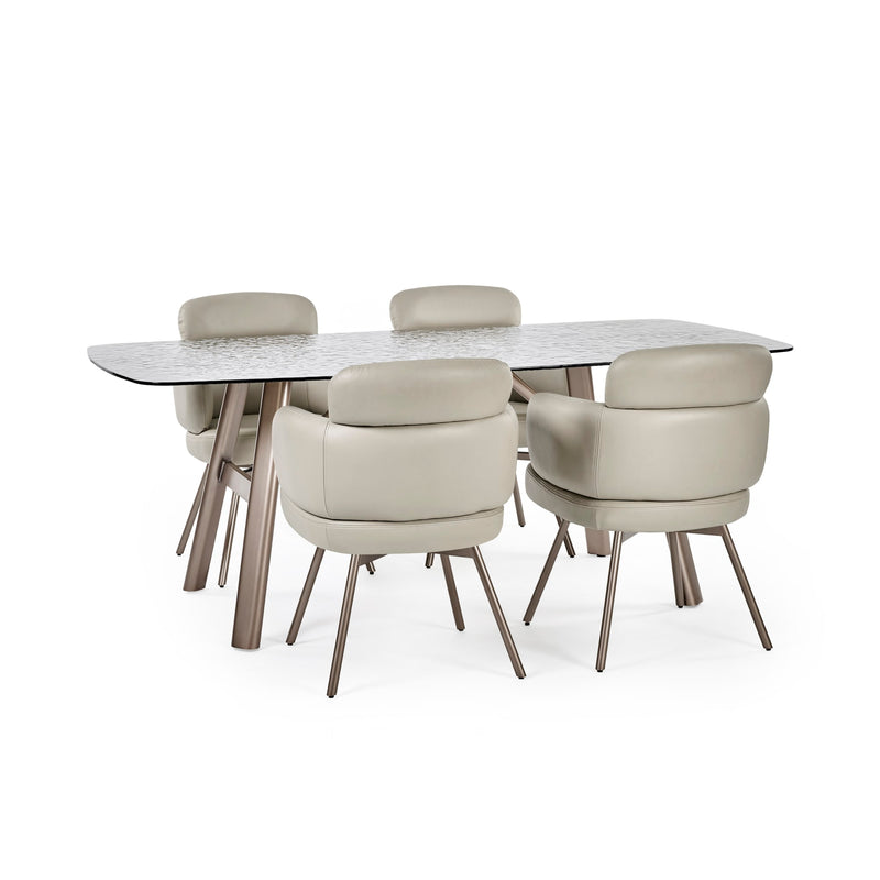Dining table with six chairs on a white background