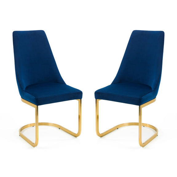 Two blue chairs with gold frames on a white background