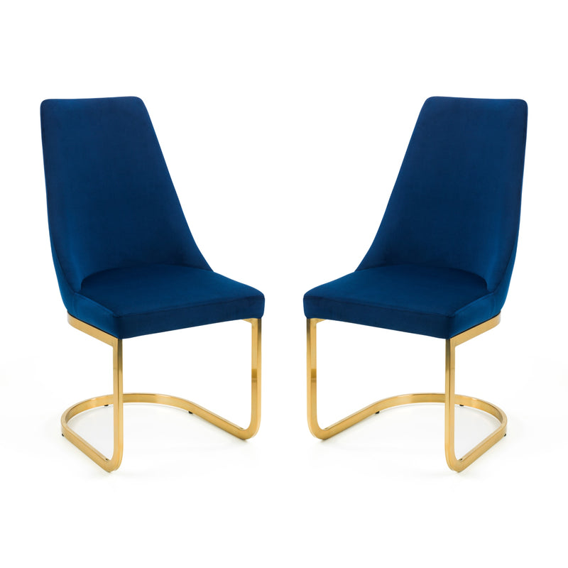Two blue chairs with gold frames on a white background