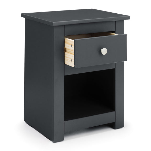 Dark gray nightstand with a single drawer on a white background