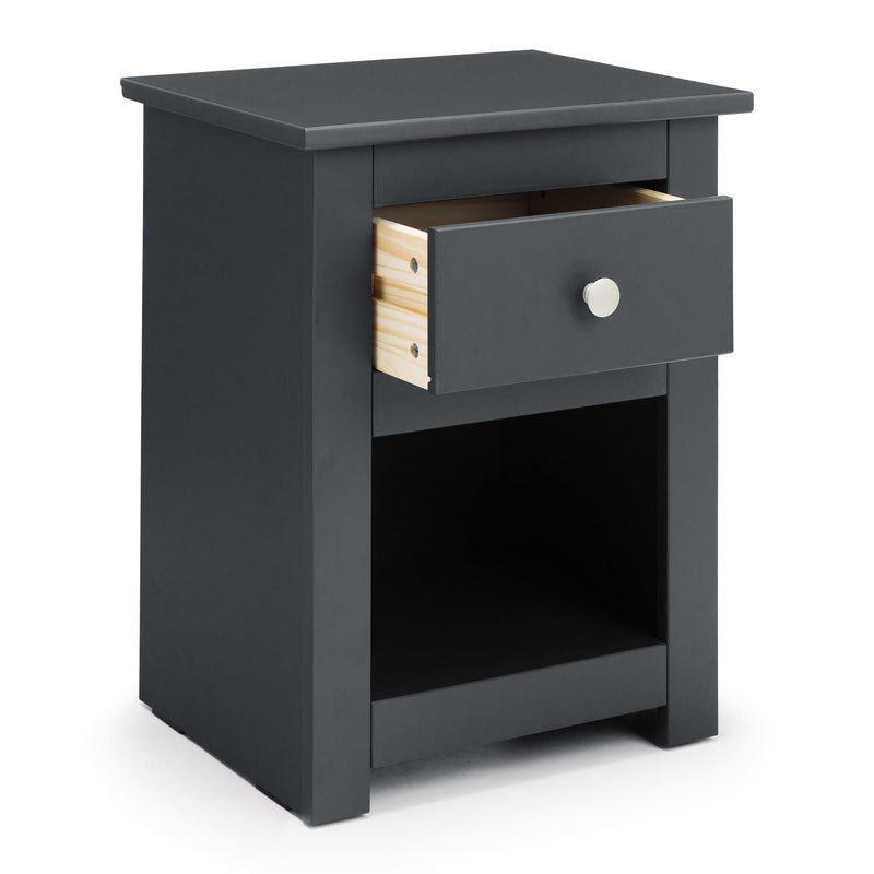 Dark gray nightstand with a single drawer on a white background