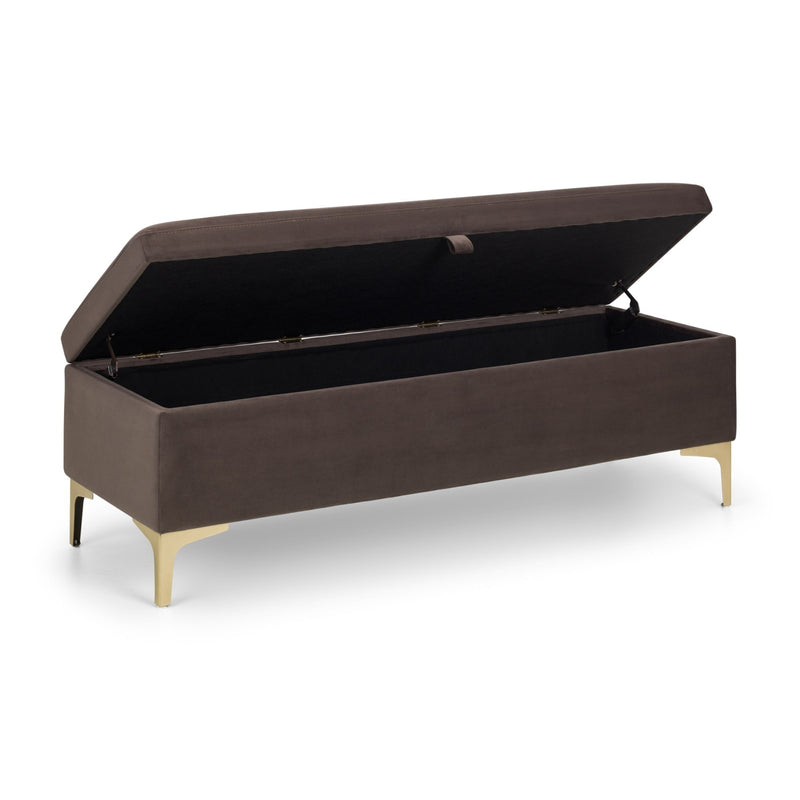 Brown storage bench with gold legs on a white background