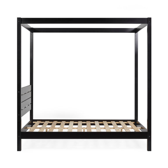 Black metal canopy bed frame on a white background