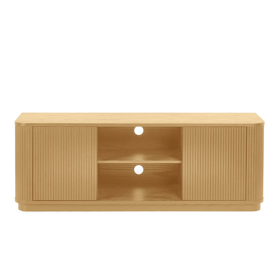 Wooden TV stand with two doors and two open shelves on a white background