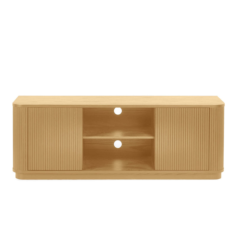 Wooden TV stand with two doors and two open shelves on a white background
