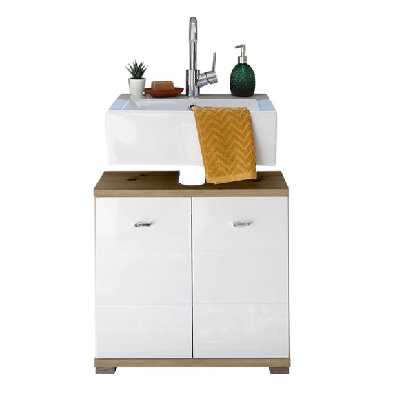 Bathroom vanity with sink, faucet, and towel on a white background