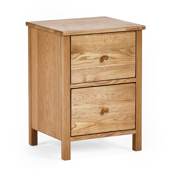 Wooden nightstand with two drawers on a white background