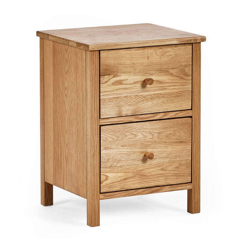 Wooden nightstand with two drawers on a white background