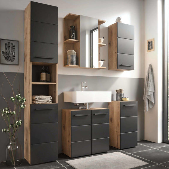 Bathroom interior with wooden and gray cabinets, sink, and mirror.