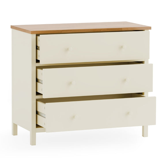 White dresser with wooden top on a white background