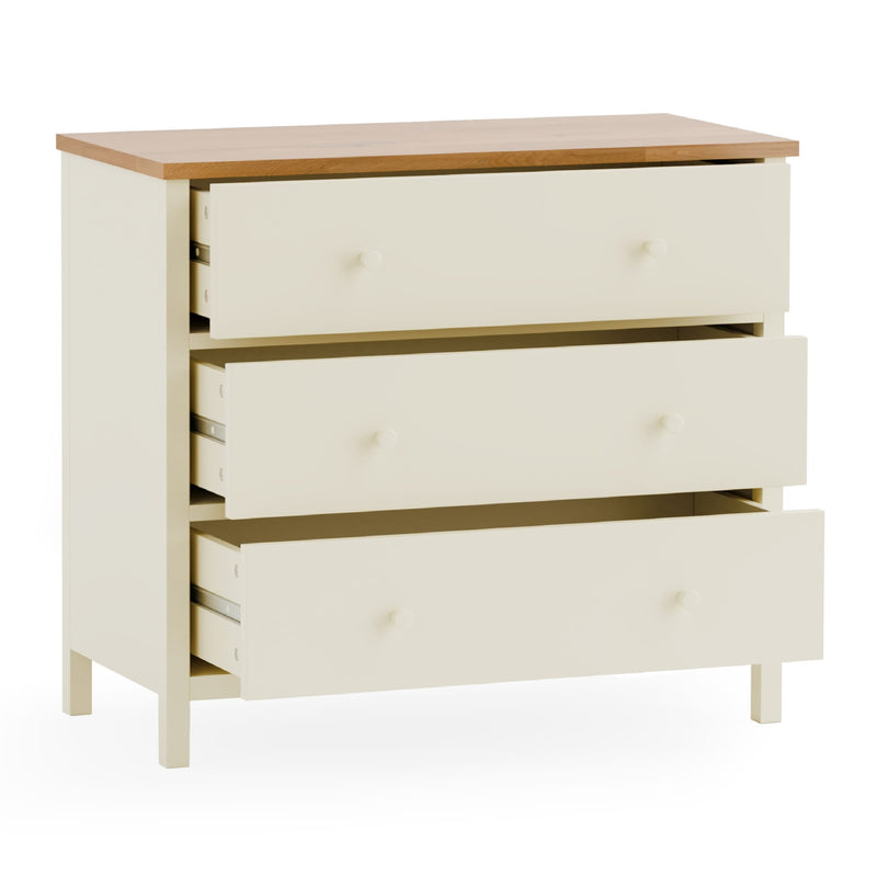 White dresser with wooden top on a white background