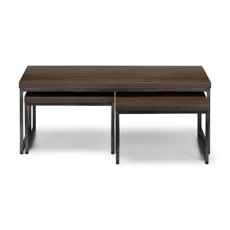 Set of two wooden tables with metal legs on a white background