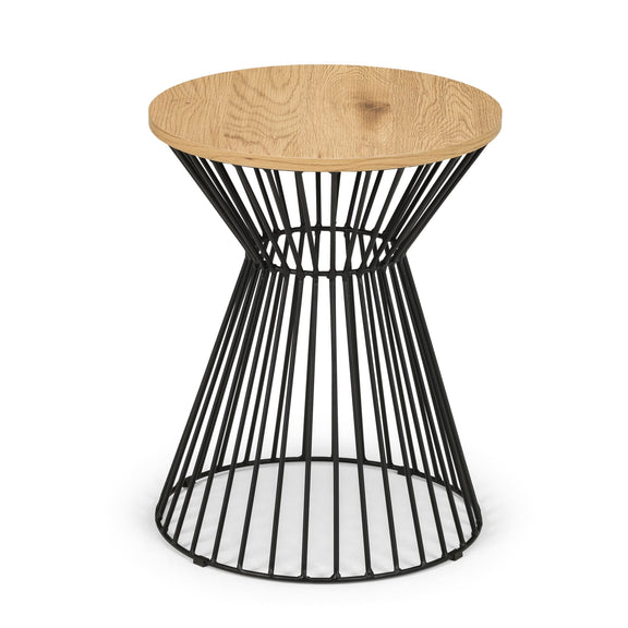 Side table with wooden top and black metal base on a white background