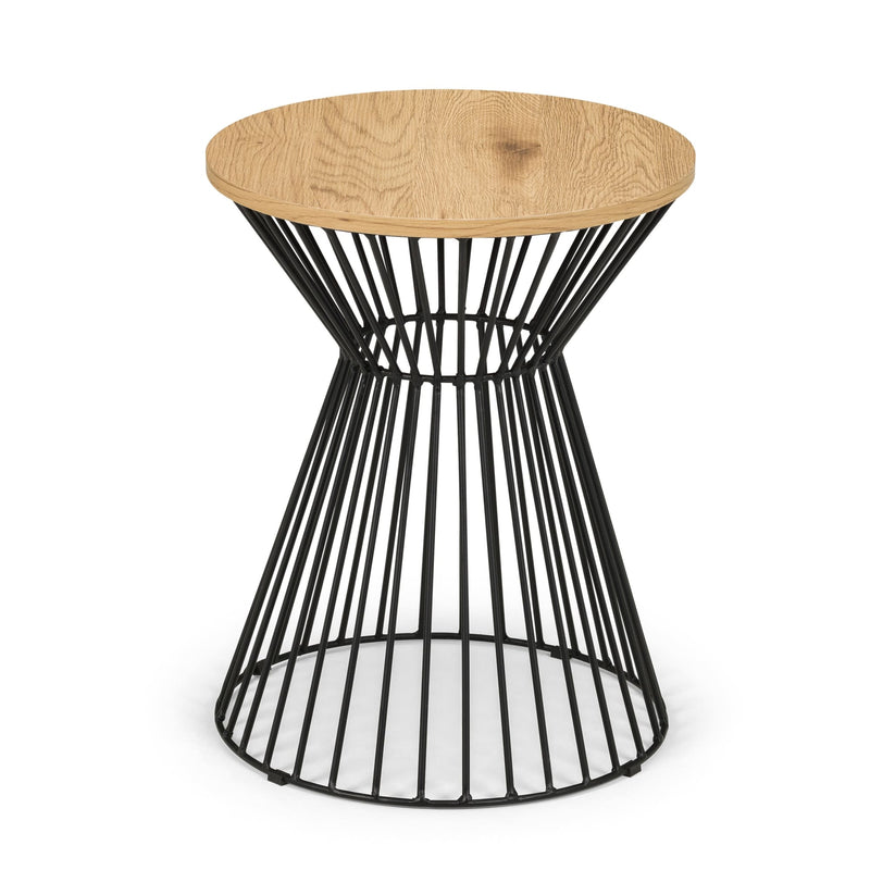 Side table with wooden top and black metal base on a white background