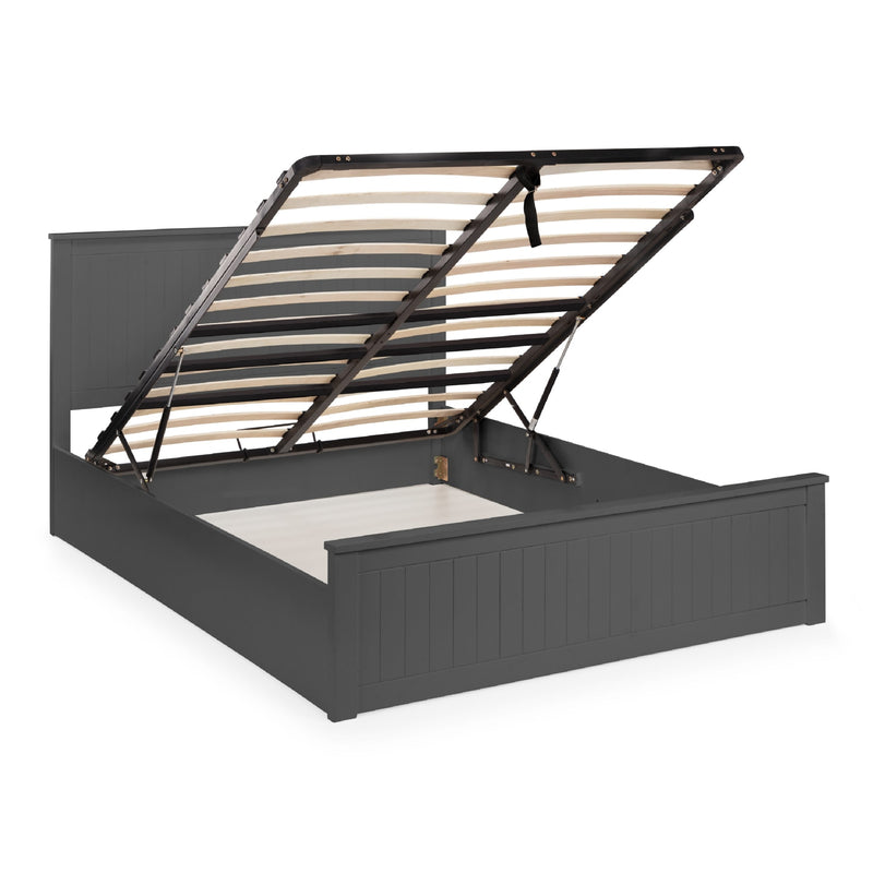 Dark gray bed frame with wooden slats on a white background