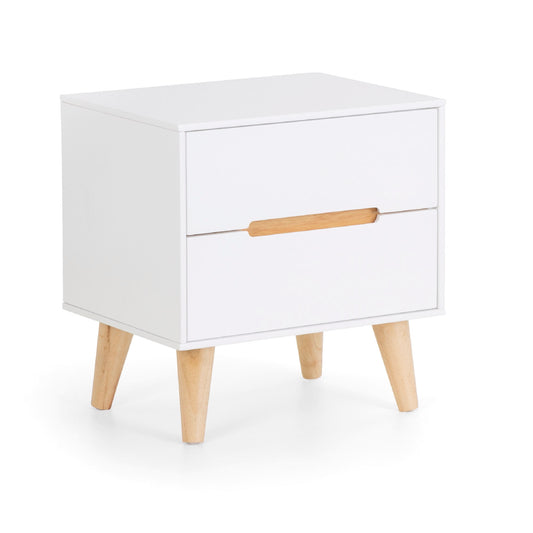 White nightstand with a wooden drawer handle on a white background