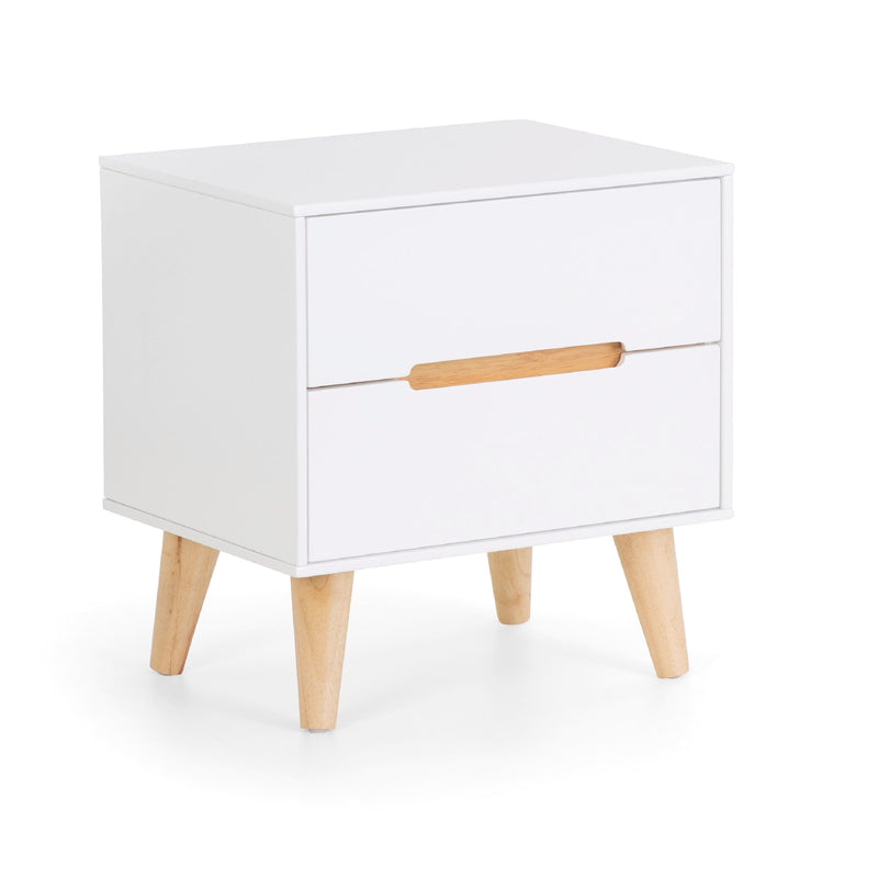White nightstand with a wooden drawer handle on a white background