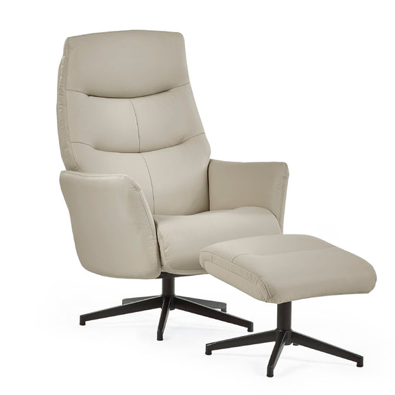 Beige leather recliner chair with ottoman on a white background