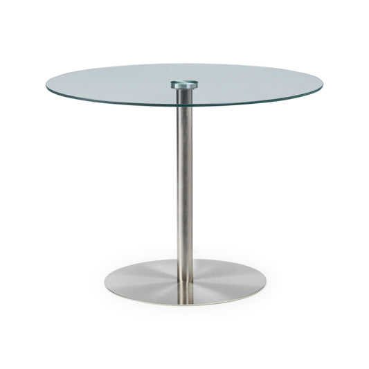 Glass dining table with metal base on a white background