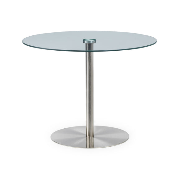 Glass dining table with metal base on a white background