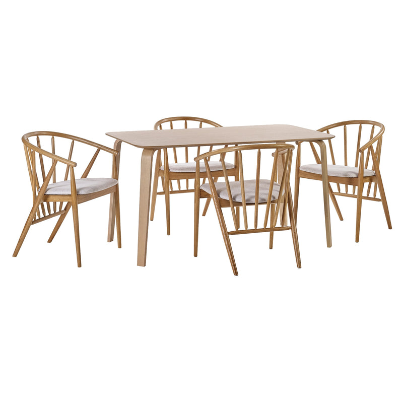 Dining table set with four chairs on a white background