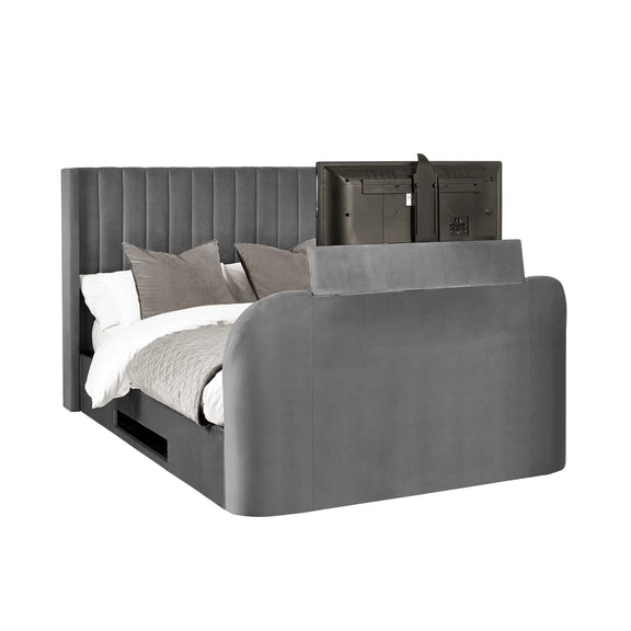 Gray bed with wooden headboard and footboard on a white background