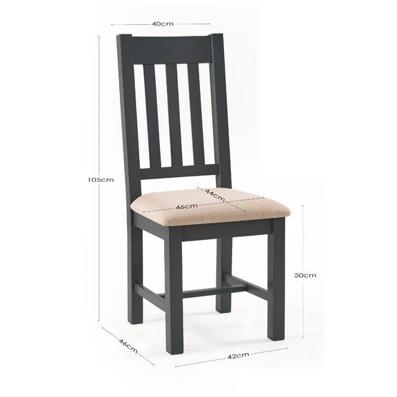 Black wooden chair with beige cushioned seat, shown with dimensions on a white background