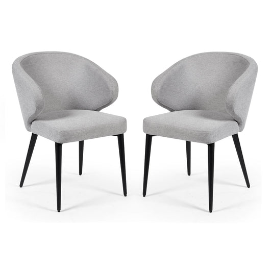 Two gray upholstered chairs with black legs on a white background