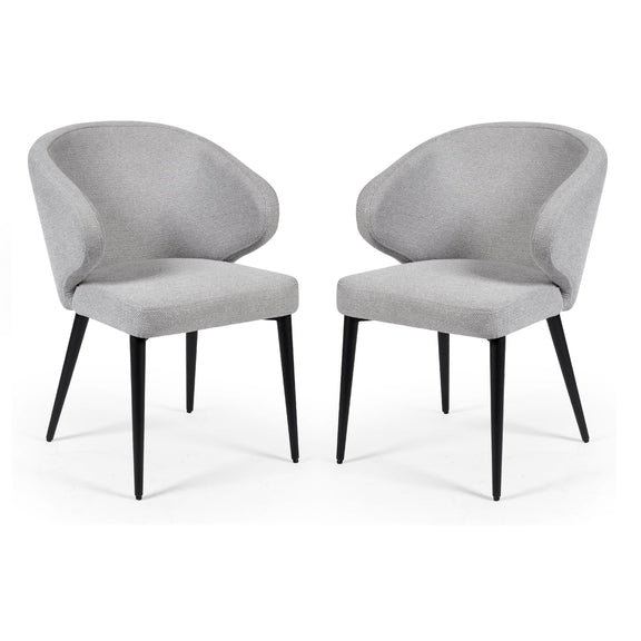 Two gray upholstered chairs with black legs on a white background