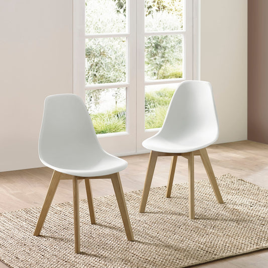 Two white chairs with wooden legs in a room with a large window.
