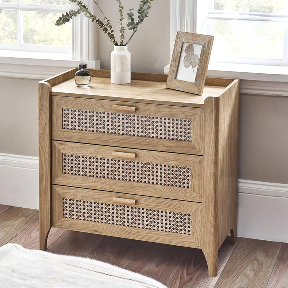 Oak effect wooden 3 drawer chest with woven rattan drawer fronts