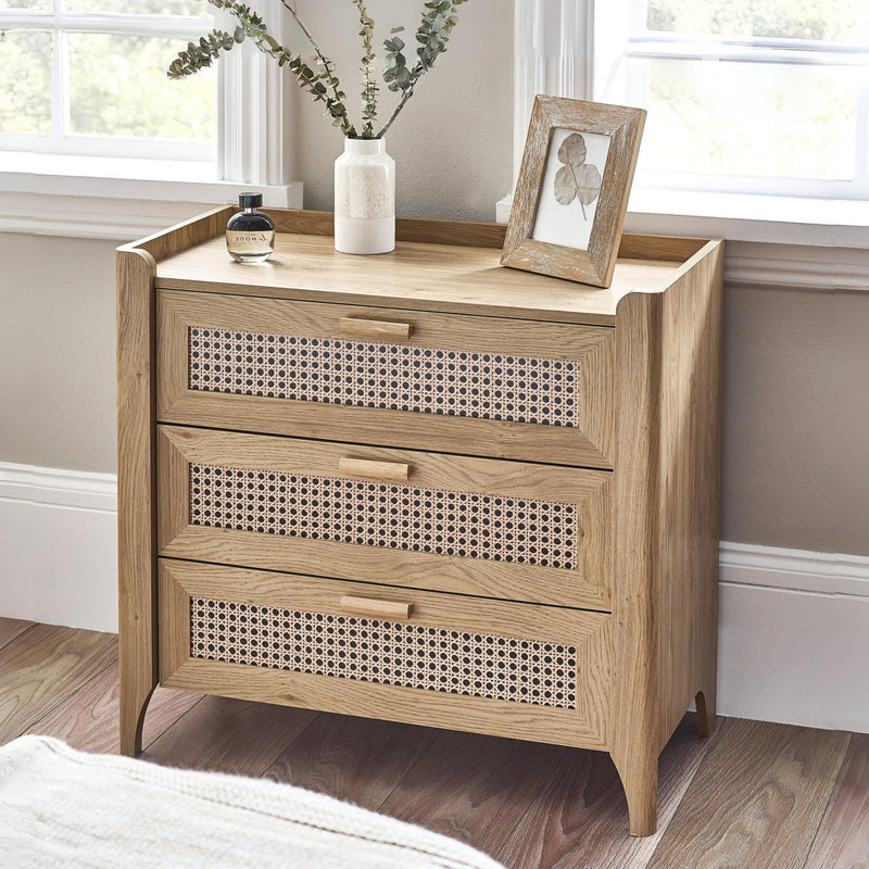 Oak effect wooden 3 drawer chest with woven rattan drawer fronts