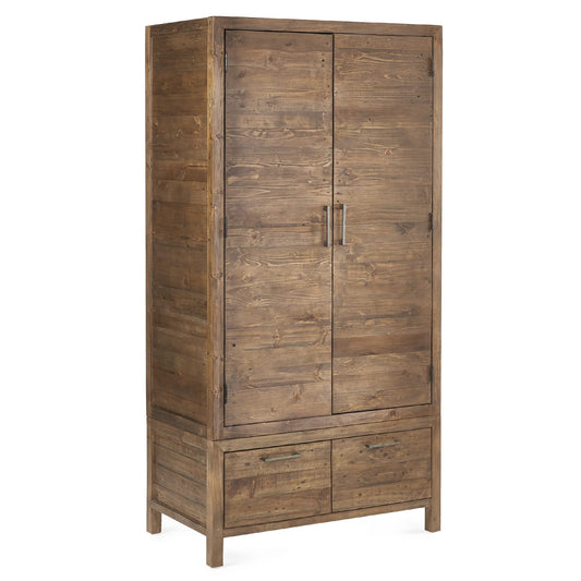 Wooden wardrobe with two doors and drawers on a white background